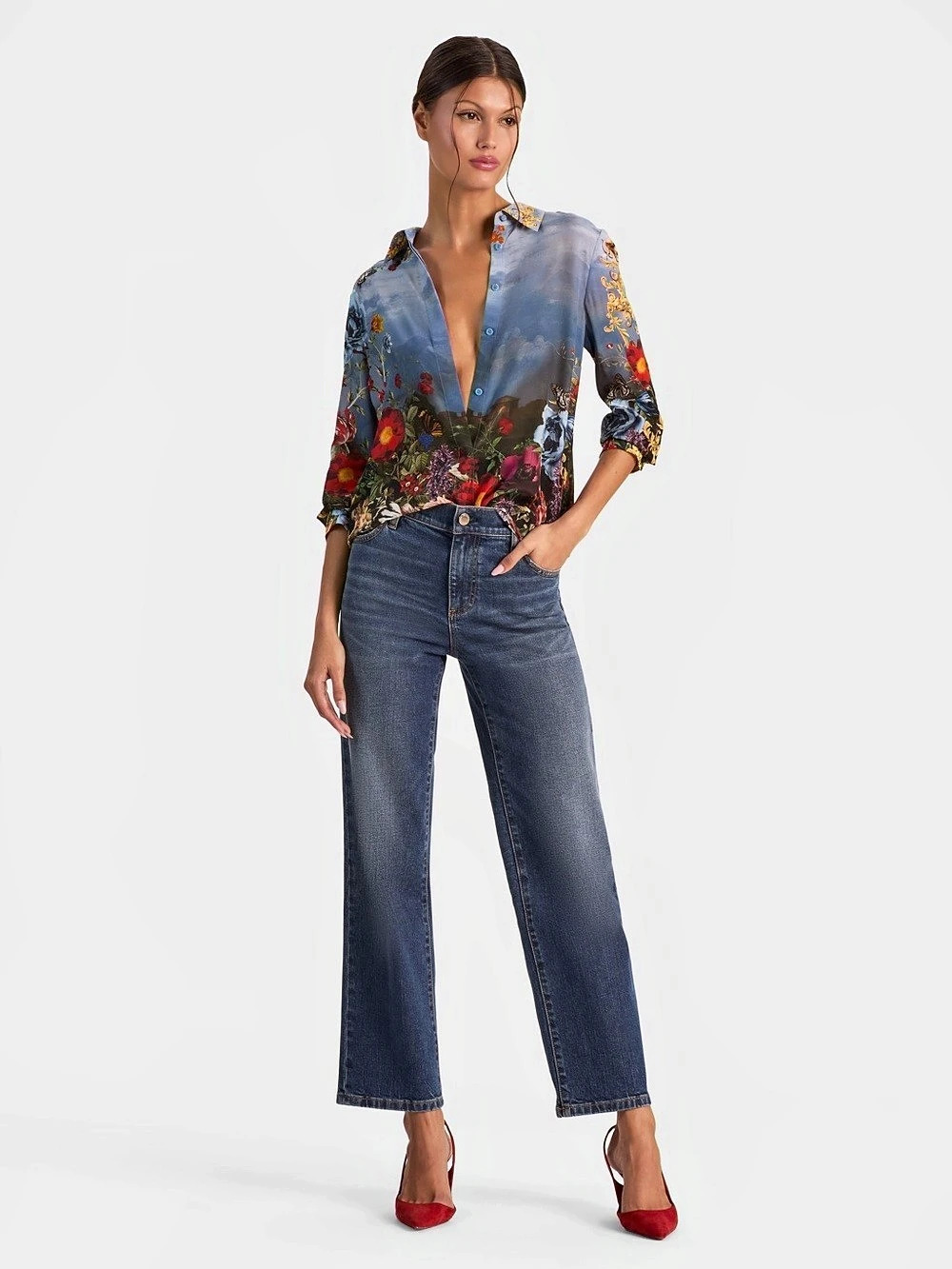 alice + olivia Willa Silk Floral Button Down Blouse in Alpine Dawn Size Medium N